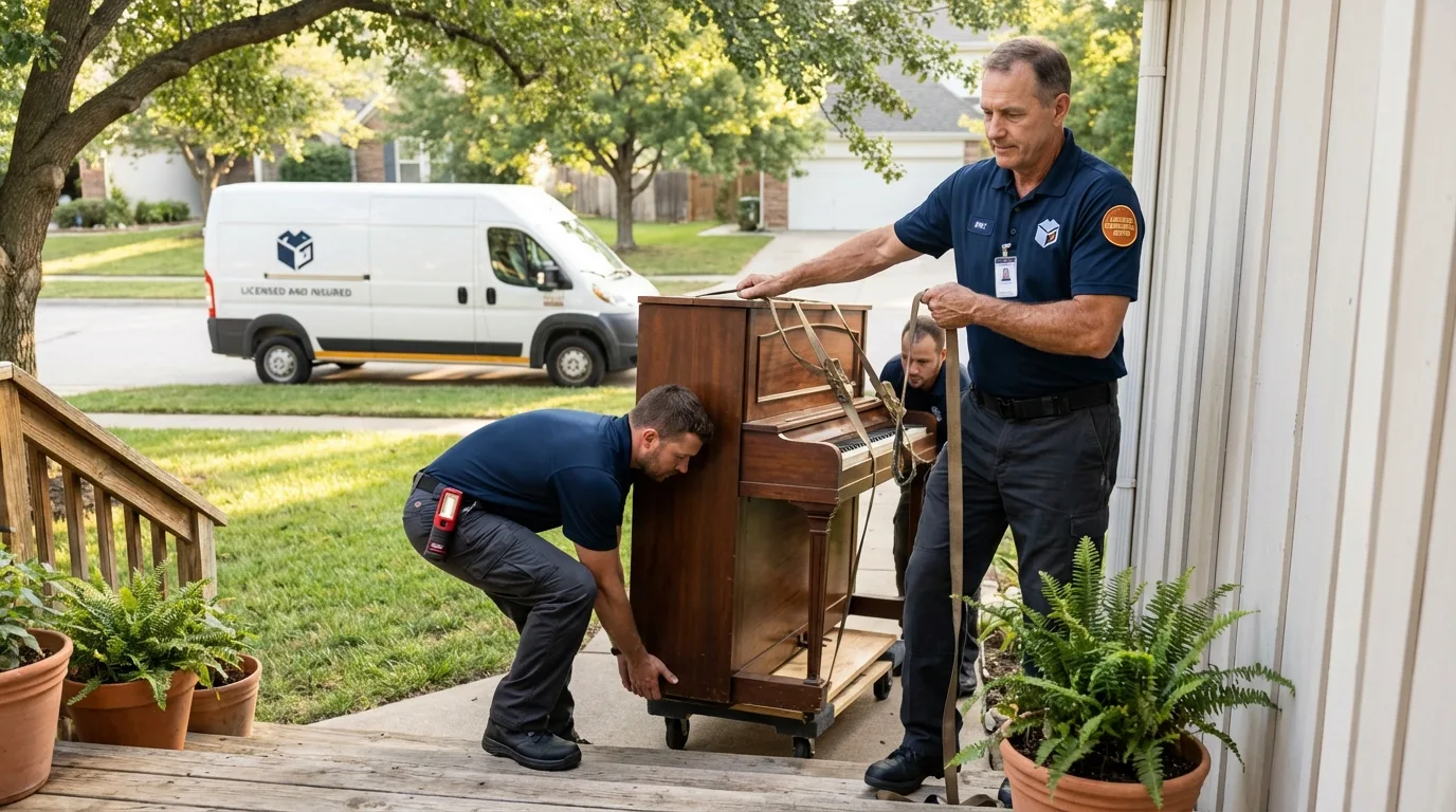 Licensed piano movers securing grand piano in Inez, TX